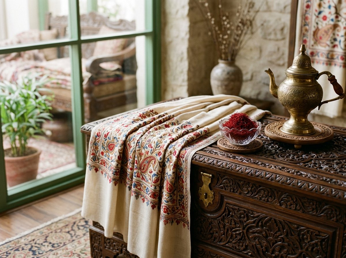 Kashmiri Pashmina on Walnut Chest with Saffron and Samovar